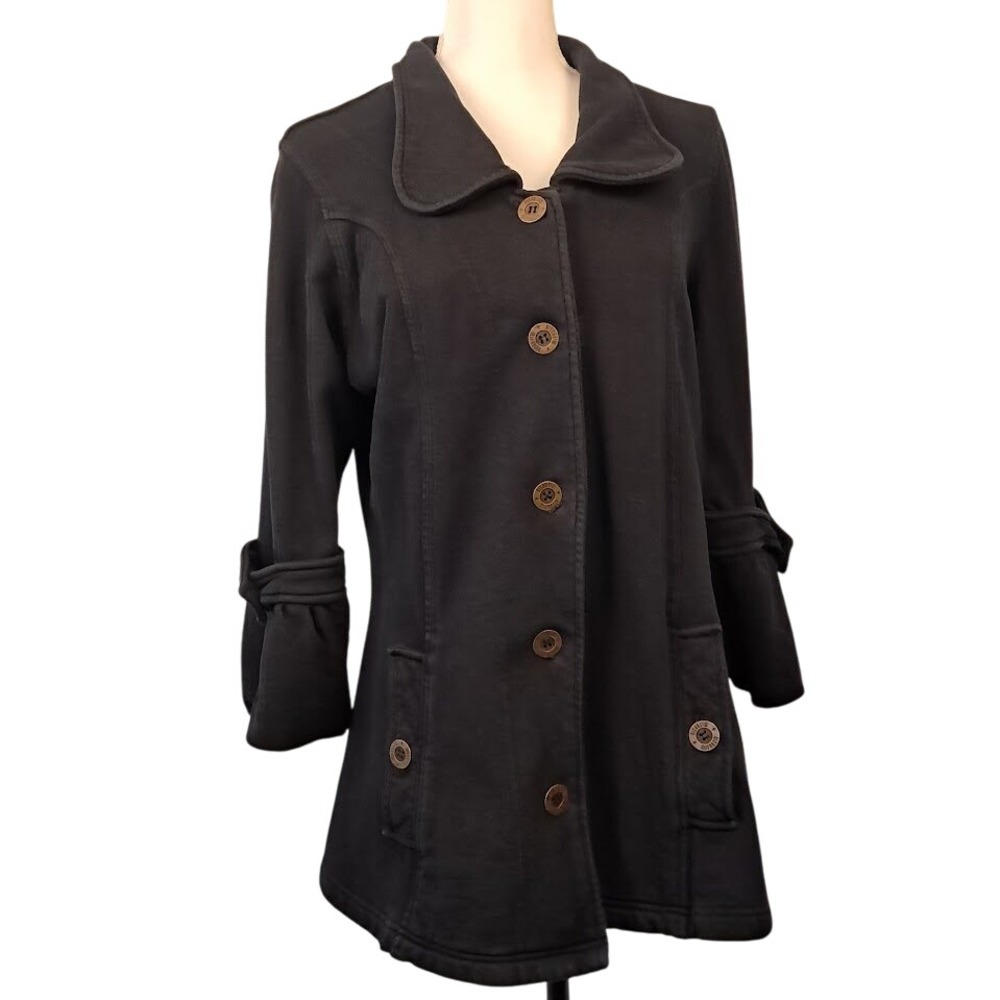 MIFRESIA L Navy Blue 100% Cotton Knit‎ Jacket Pockets Gathered Cuffs Funky Artsy